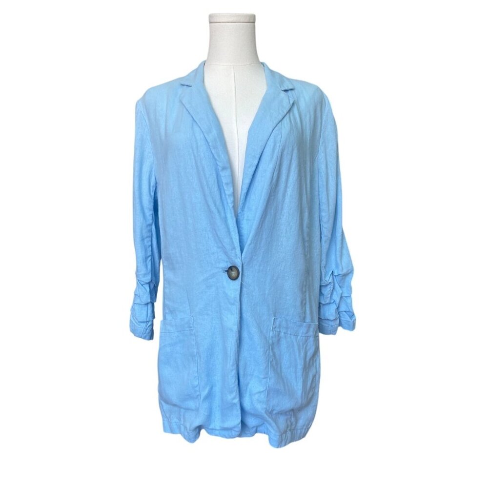 Halston Womens Linen‎ Long Line Blazer M Preppy Oversized Beach Nautical Ruffle